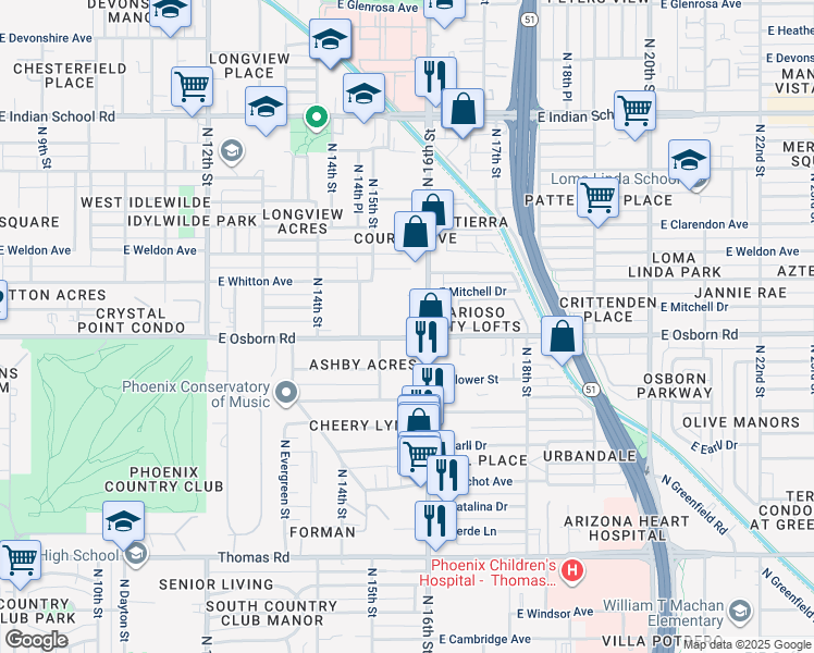 map of restaurants, bars, coffee shops, grocery stores, and more near 1570 East Osborn Road in Phoenix
