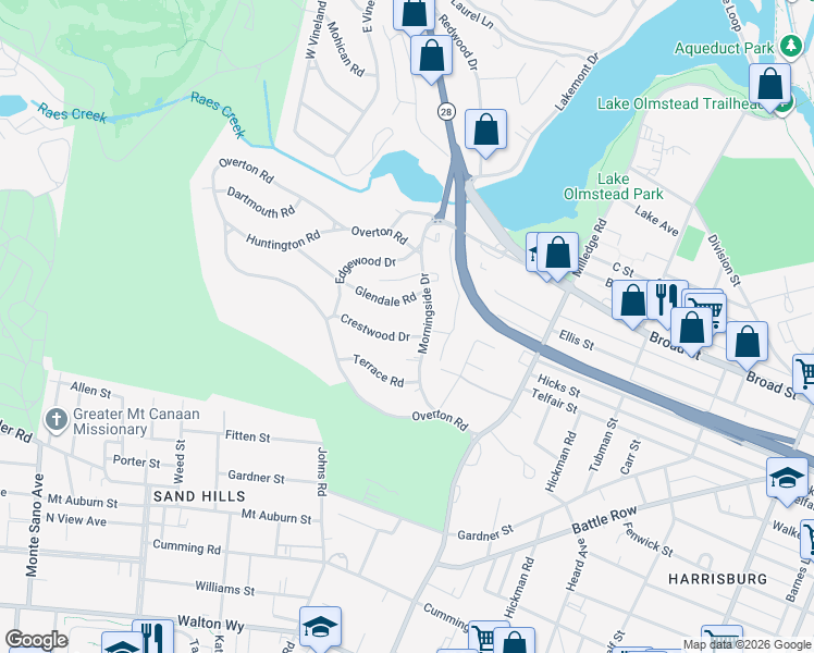 map of restaurants, bars, coffee shops, grocery stores, and more near 2203 Crestwood Drive in Augusta