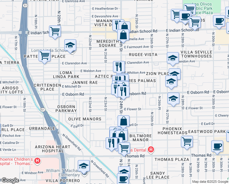 map of restaurants, bars, coffee shops, grocery stores, and more near in Phoenix