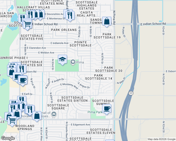 map of restaurants, bars, coffee shops, grocery stores, and more near 8525 East Osborn Road in Scottsdale