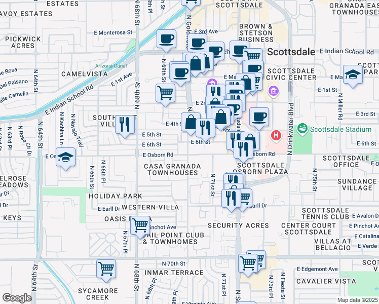 map of restaurants, bars, coffee shops, grocery stores, and more near 7018 East Osborn Road in Scottsdale