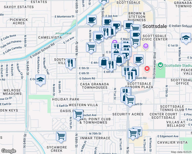 map of restaurants, bars, coffee shops, grocery stores, and more near 6925 East Osborn Road in Scottsdale