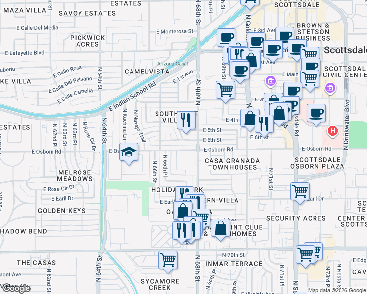 map of restaurants, bars, coffee shops, grocery stores, and more near in Scottsdale