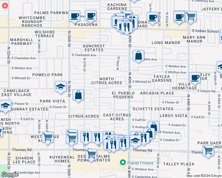 map of restaurants, bars, coffee shops, grocery stores, and more near 3233 North 39th Street in Phoenix