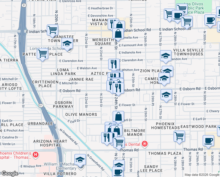 map of restaurants, bars, coffee shops, grocery stores, and more near in Phoenix