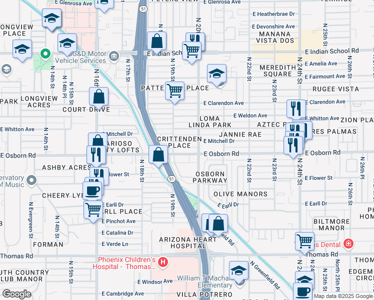 map of restaurants, bars, coffee shops, grocery stores, and more near in Phoenix