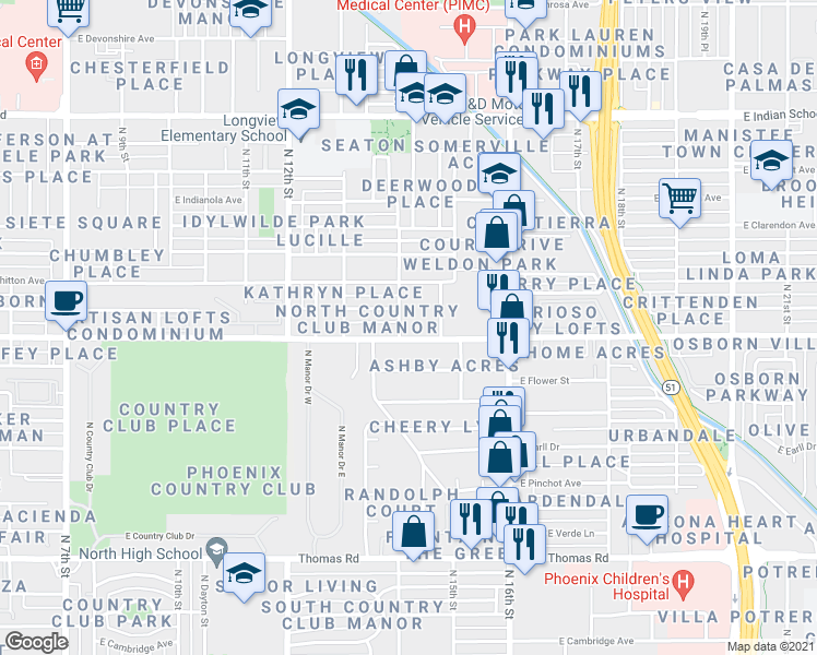 map of restaurants, bars, coffee shops, grocery stores, and more near 1414 East Osborn Road in Phoenix
