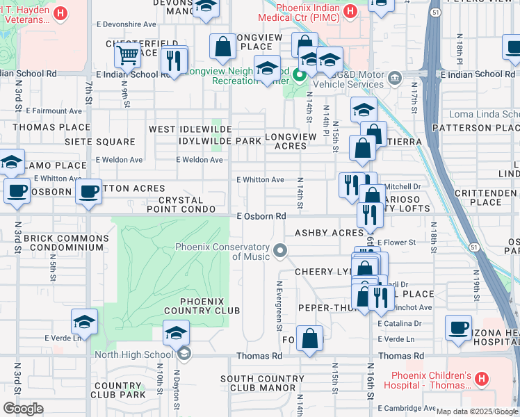 map of restaurants, bars, coffee shops, grocery stores, and more near 3402 North Longview Avenue in Phoenix