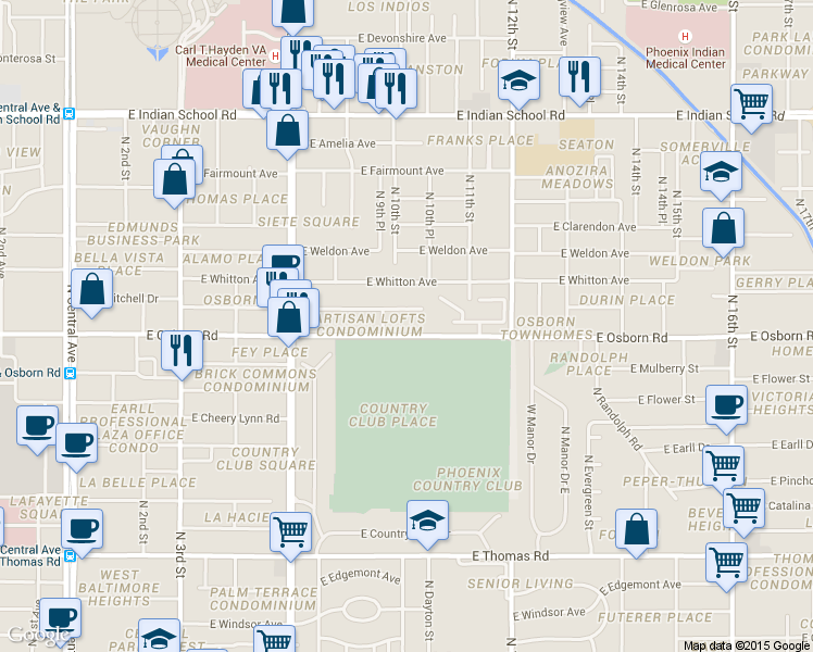 map of restaurants, bars, coffee shops, grocery stores, and more near 937 East Osborn Road in Phoenix