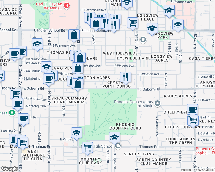 map of restaurants, bars, coffee shops, grocery stores, and more near 937 East Osborn Road in Phoenix