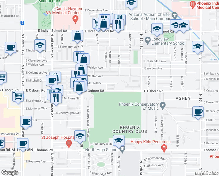 map of restaurants, bars, coffee shops, grocery stores, and more near 937 East Osborn Road in Phoenix