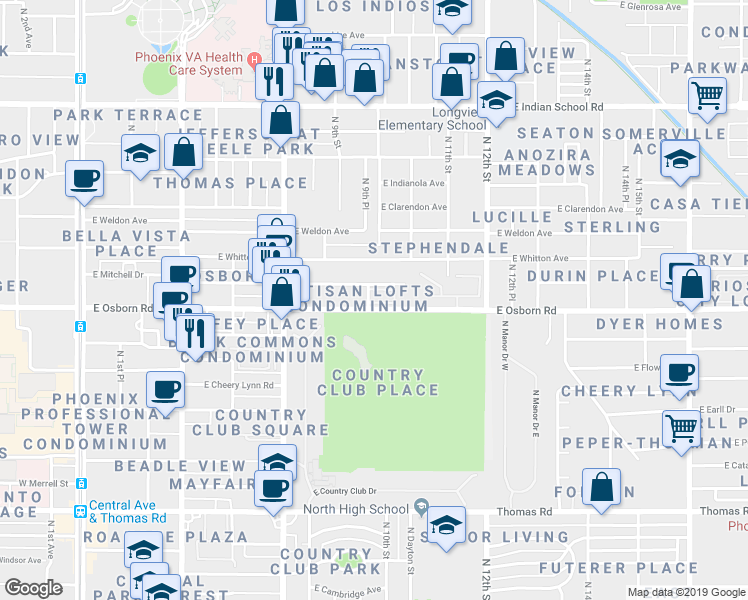 map of restaurants, bars, coffee shops, grocery stores, and more near 937 East Osborn Road in Phoenix