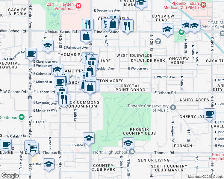 map of restaurants, bars, coffee shops, grocery stores, and more near 914 East Osborn Road in Phoenix