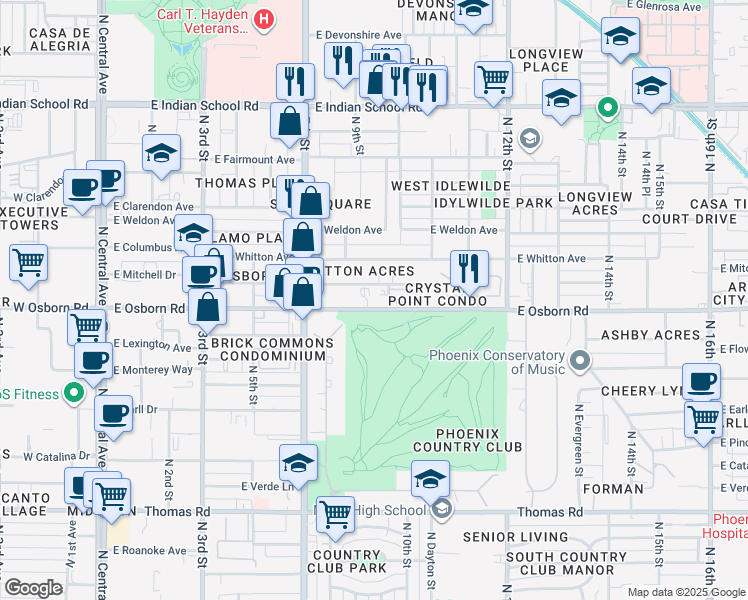 map of restaurants, bars, coffee shops, grocery stores, and more near 914 East Osborn Road in Phoenix