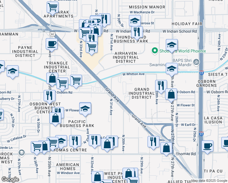 map of restaurants, bars, coffee shops, grocery stores, and more near 3060 Phoenix-Wickenburg Highway in Phoenix