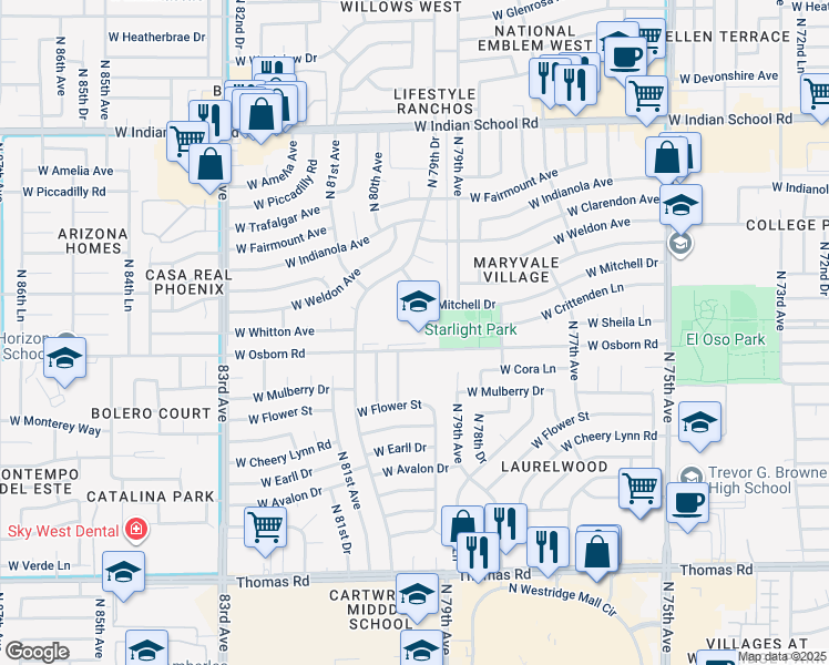 map of restaurants, bars, coffee shops, grocery stores, and more near 7960 West Osborn Road in Phoenix