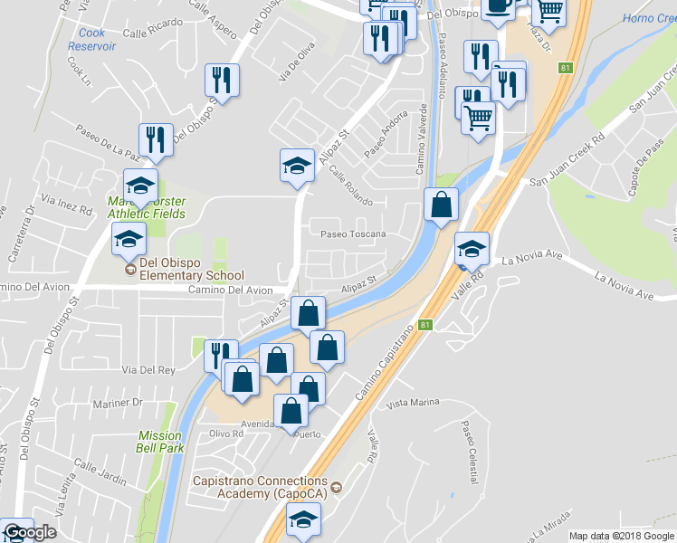 map of restaurants, bars, coffee shops, grocery stores, and more near Alipaz Street in San Juan Capistrano