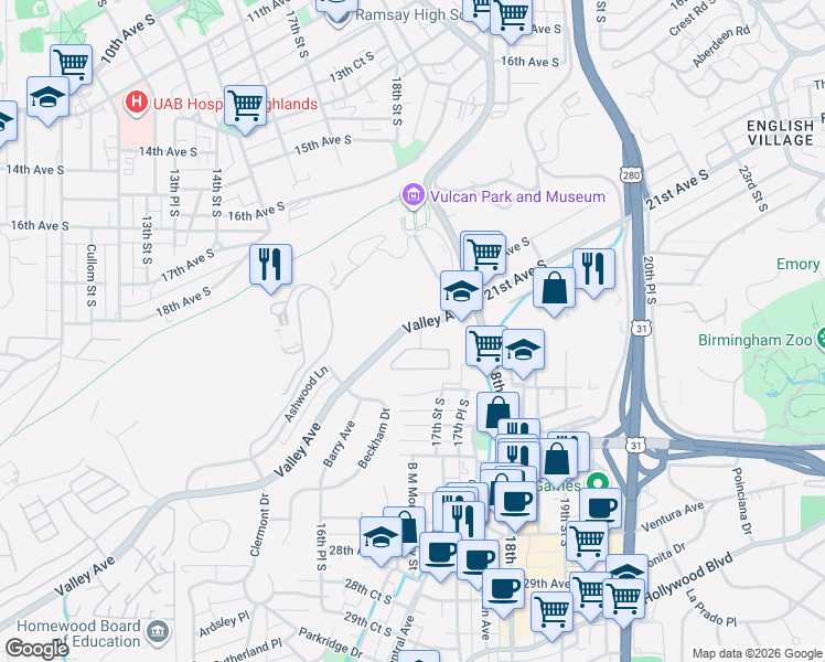 map of restaurants, bars, coffee shops, grocery stores, and more near 1761 Valley Avenue in Homewood