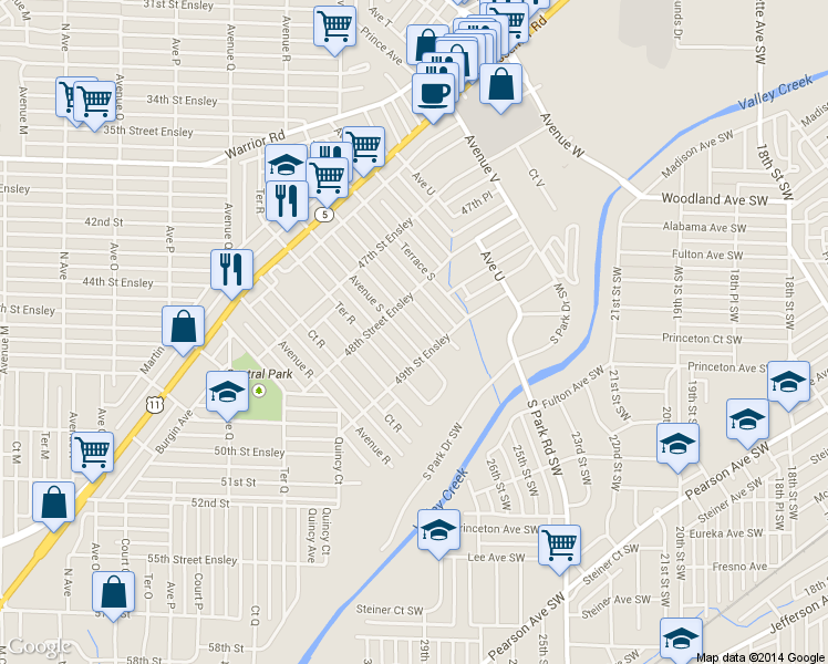 map of restaurants, bars, coffee shops, grocery stores, and more near 4837 Avenue South in Birmingham