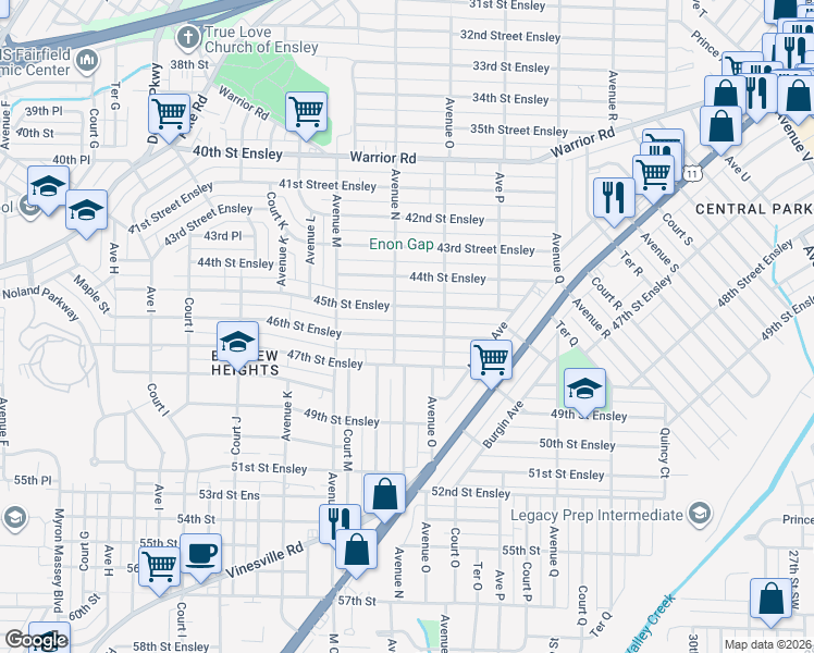 map of restaurants, bars, coffee shops, grocery stores, and more near 1400 46th Street Ensley in Birmingham