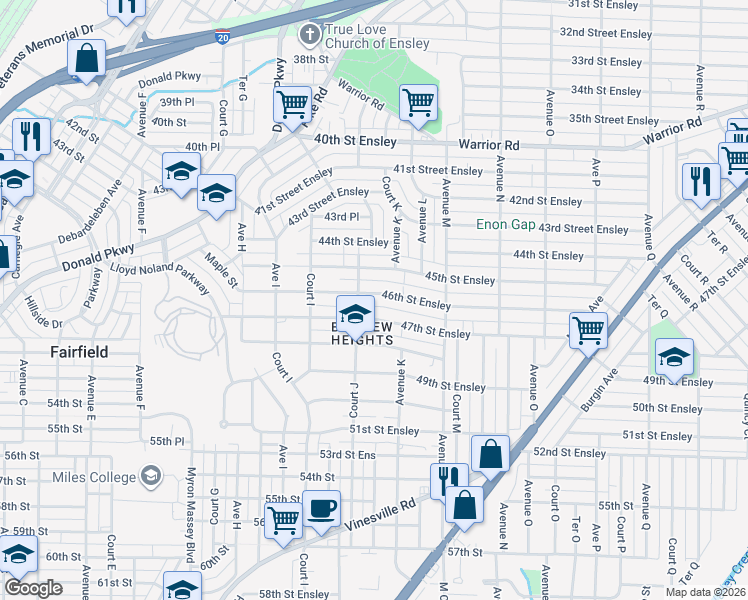 map of restaurants, bars, coffee shops, grocery stores, and more near 1016 47th Street Ensley in Birmingham