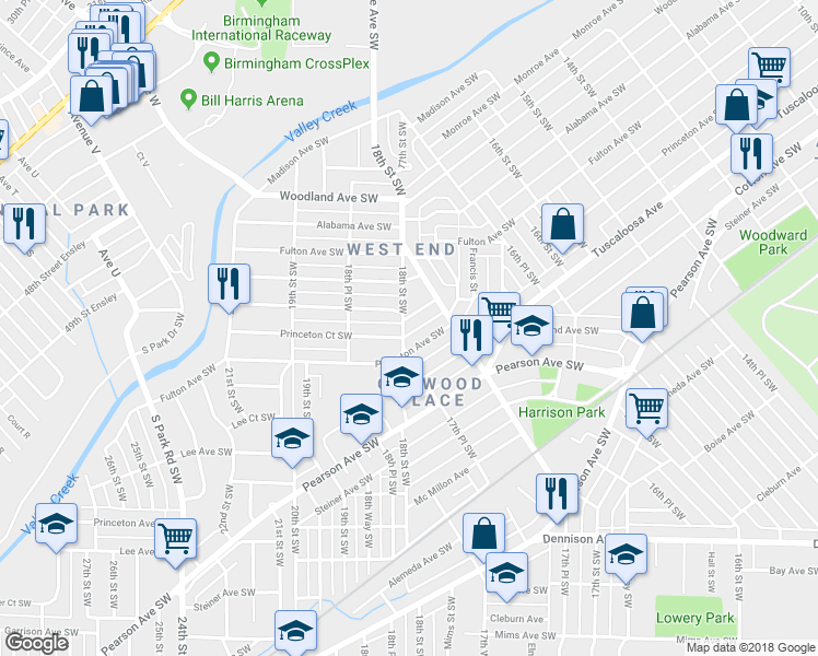 map of restaurants, bars, coffee shops, grocery stores, and more near 1733 Saint Charles Avenue Southwest in Birmingham