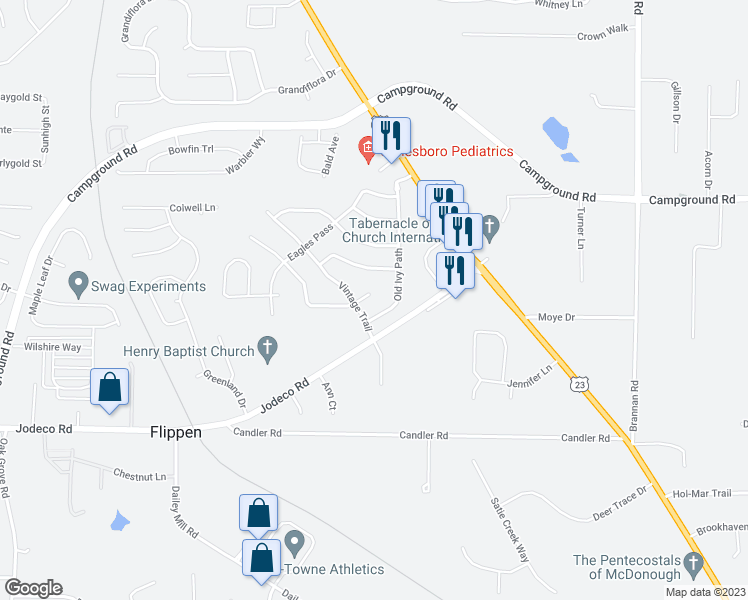 map of restaurants, bars, coffee shops, grocery stores, and more near 1104 Chateau Terrace in McDonough
