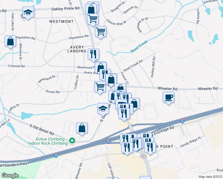 map of restaurants, bars, coffee shops, grocery stores, and more near 365 South Belair Road in Augusta