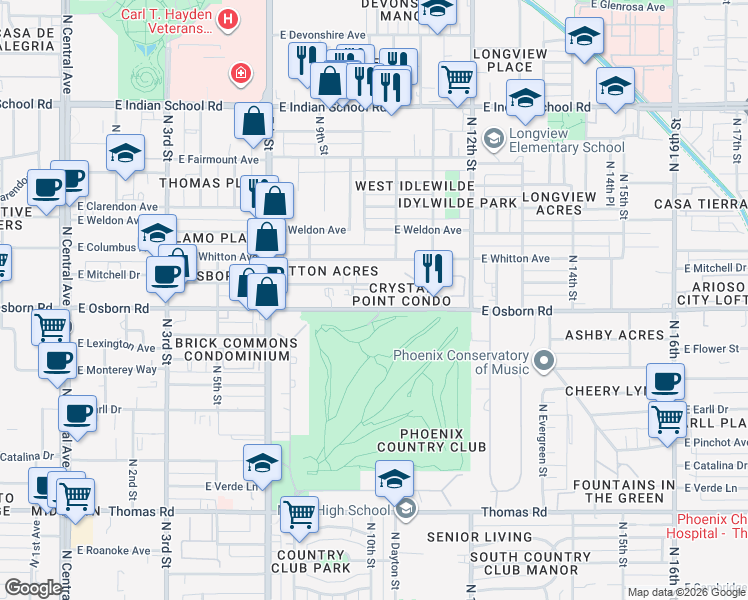 map of restaurants, bars, coffee shops, grocery stores, and more near 937 East Osborn Road in Phoenix