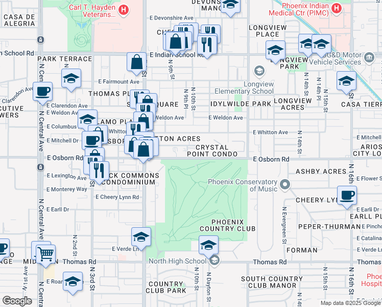 map of restaurants, bars, coffee shops, grocery stores, and more near 937 East Osborn Road in Phoenix