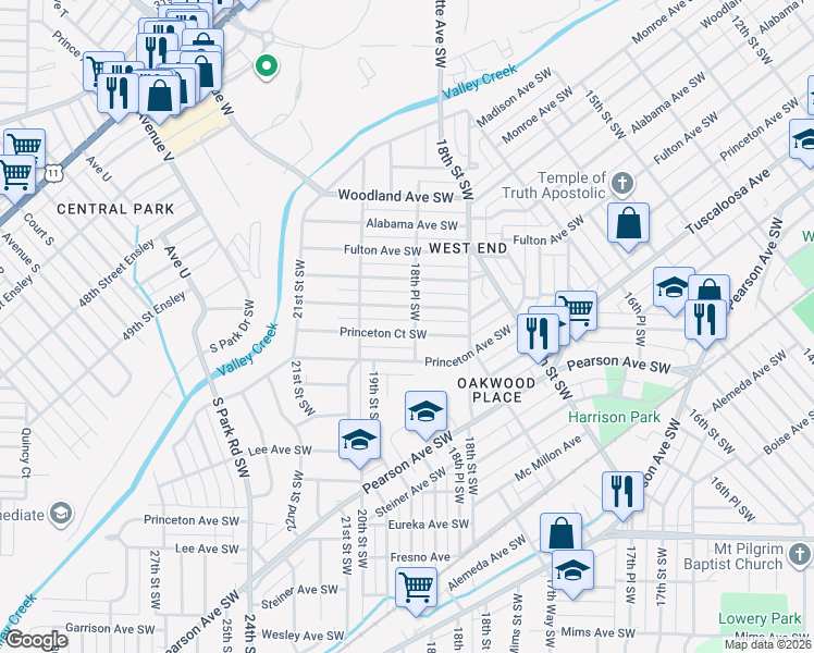 map of restaurants, bars, coffee shops, grocery stores, and more near 1849 Princeton Court Southwest in Birmingham