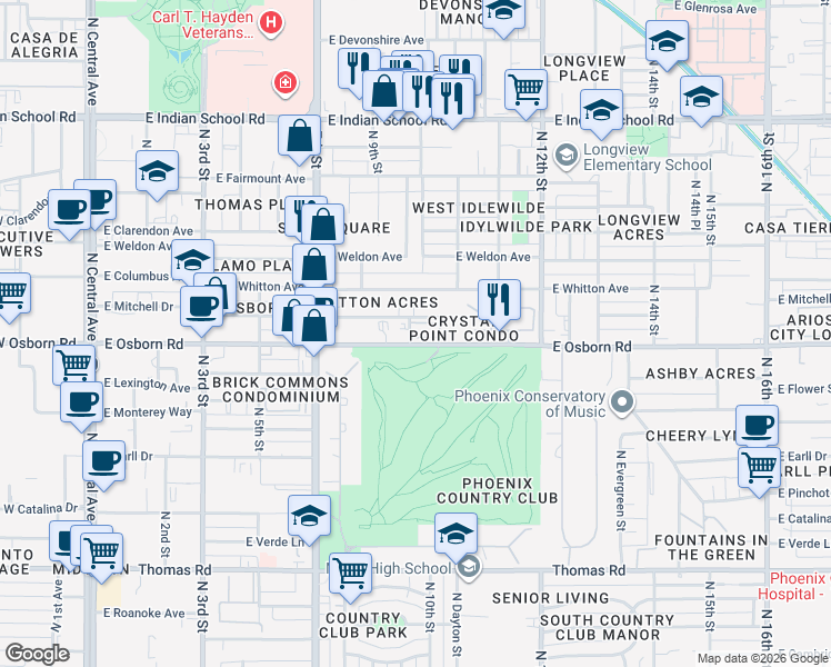 map of restaurants, bars, coffee shops, grocery stores, and more near 937 East Osborn Road in Phoenix