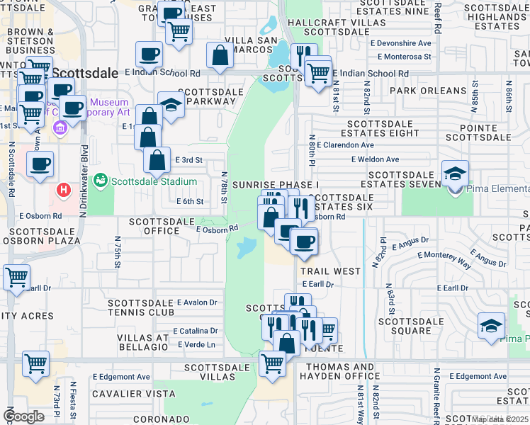 map of restaurants, bars, coffee shops, grocery stores, and more near 7920 East Osborn Road in Scottsdale