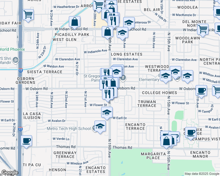 map of restaurants, bars, coffee shops, grocery stores, and more near N 19th Ave & W Osborn Rd in Phoenix