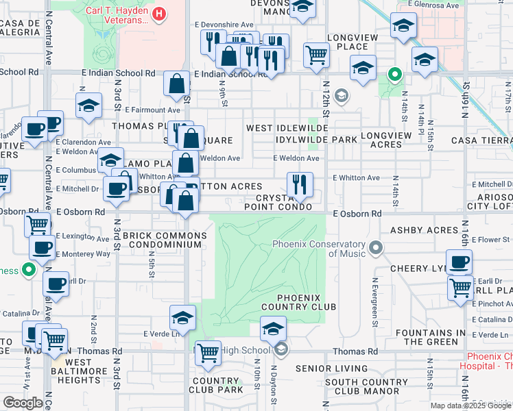 map of restaurants, bars, coffee shops, grocery stores, and more near 937 East Osborn Road in Phoenix