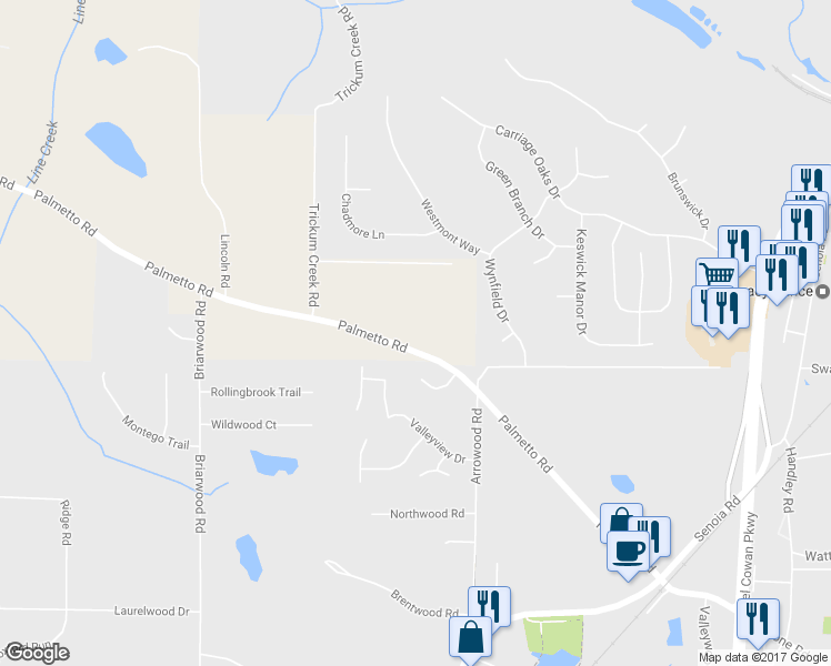 map of restaurants, bars, coffee shops, grocery stores, and more near 261 Palmetto Road in Tyrone