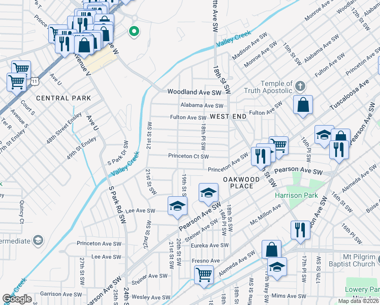 map of restaurants, bars, coffee shops, grocery stores, and more near 1885 Princeton Court Southwest in Birmingham