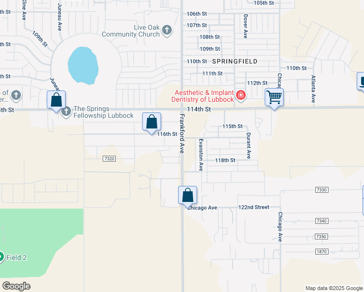map of restaurants, bars, coffee shops, grocery stores, and more near 11783 Frankford Avenue in Lubbock