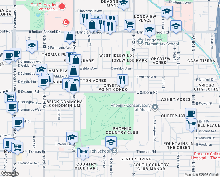 map of restaurants, bars, coffee shops, grocery stores, and more near 937 East Osborn Road in Phoenix