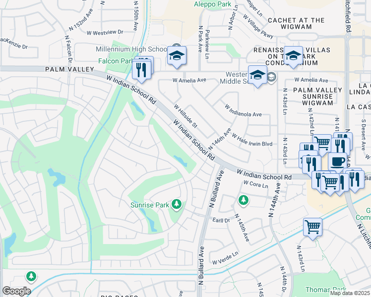 map of restaurants, bars, coffee shops, grocery stores, and more near 14773 Piccadilly Road in Goodyear