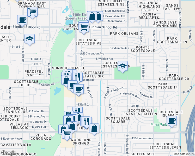 map of restaurants, bars, coffee shops, grocery stores, and more near 8150 East Osborn Road in Scottsdale