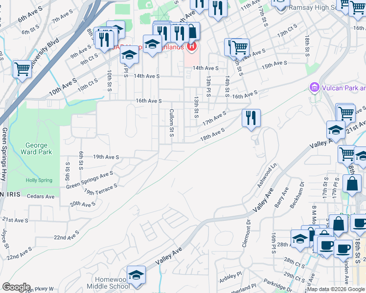map of restaurants, bars, coffee shops, grocery stores, and more near 1207 18th Avenue South in Birmingham