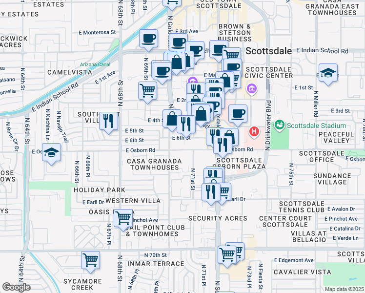 map of restaurants, bars, coffee shops, grocery stores, and more near 7018 East Osborn Road in Scottsdale