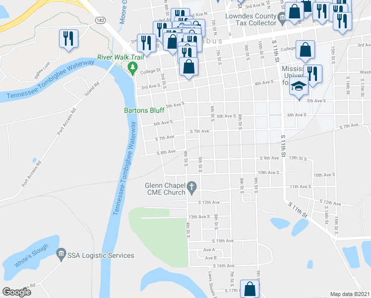 map of restaurants, bars, coffee shops, grocery stores, and more near 802 4th Street South in Columbus