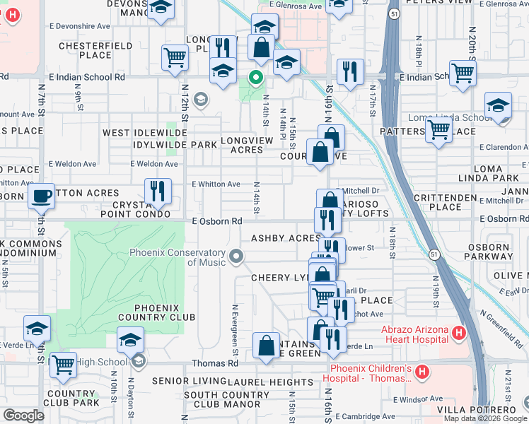 map of restaurants, bars, coffee shops, grocery stores, and more near 1414 East Osborn Road in Phoenix