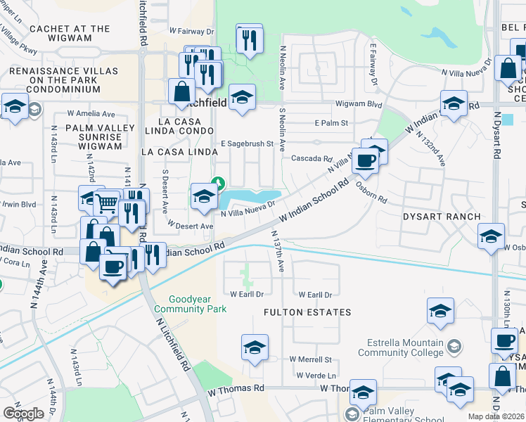map of restaurants, bars, coffee shops, grocery stores, and more near 401 Otero Circle in Litchfield Park