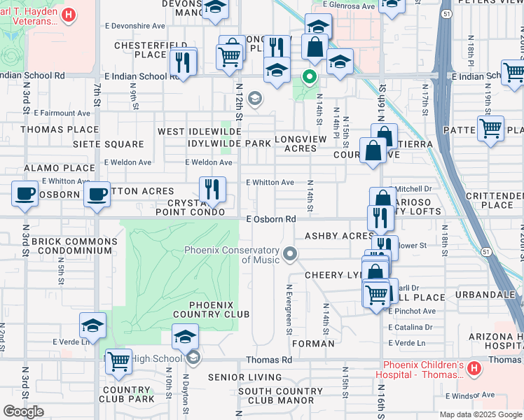 map of restaurants, bars, coffee shops, grocery stores, and more near 3402 North Longview Avenue in Phoenix