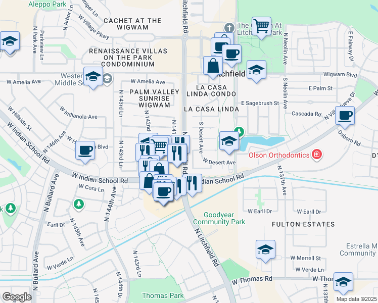 map of restaurants, bars, coffee shops, grocery stores, and more near 346 Ancora Drive West in Litchfield Park