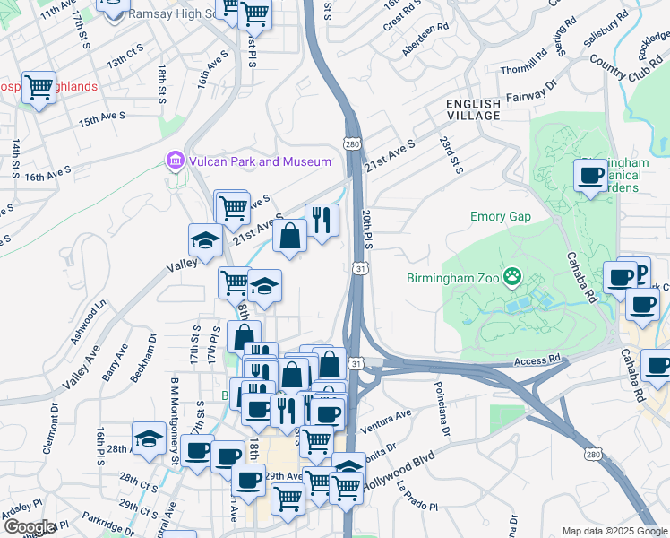 map of restaurants, bars, coffee shops, grocery stores, and more near 2340 Woodcrest Place in Birmingham
