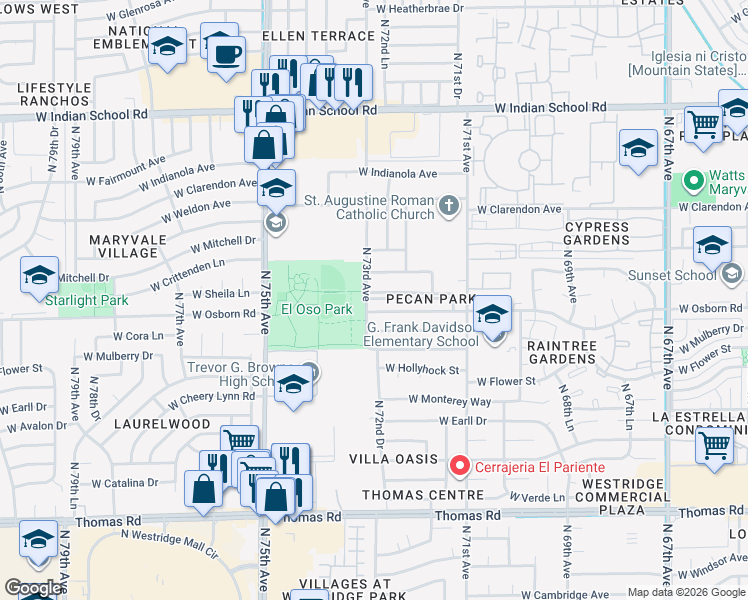 map of restaurants, bars, coffee shops, grocery stores, and more near 7227 West Sheila Lane in Phoenix